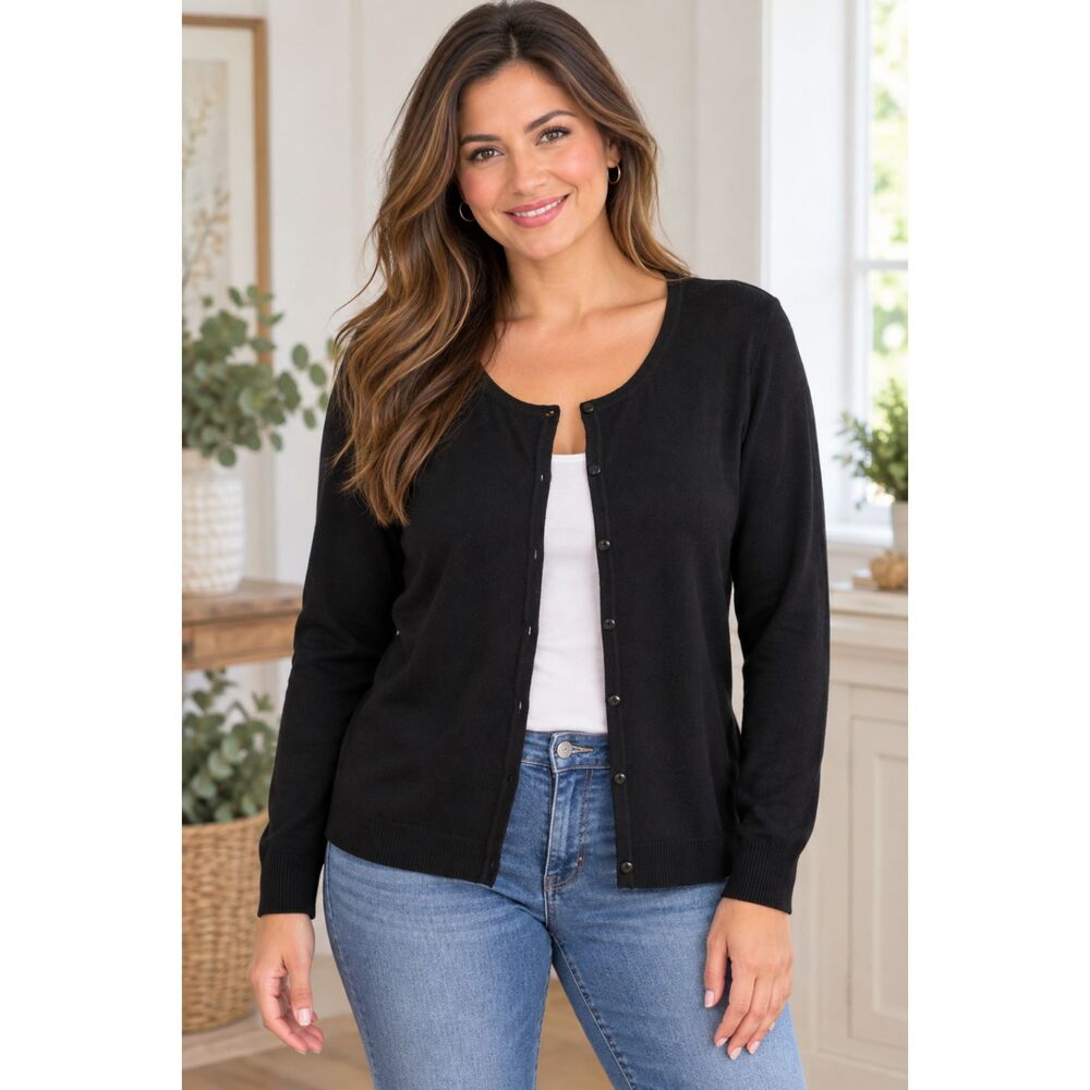 Architect Women's L Black Button Front Knit Cardigan Sweater Rayon Blend #28